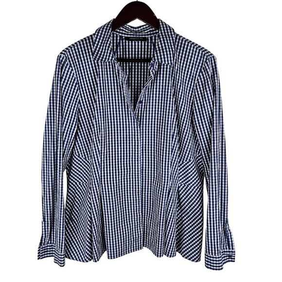 Lafayette 148 New York Shirt Sz Large Blue Gingham Check Button-Up Tailored - Picture 1 of 10
